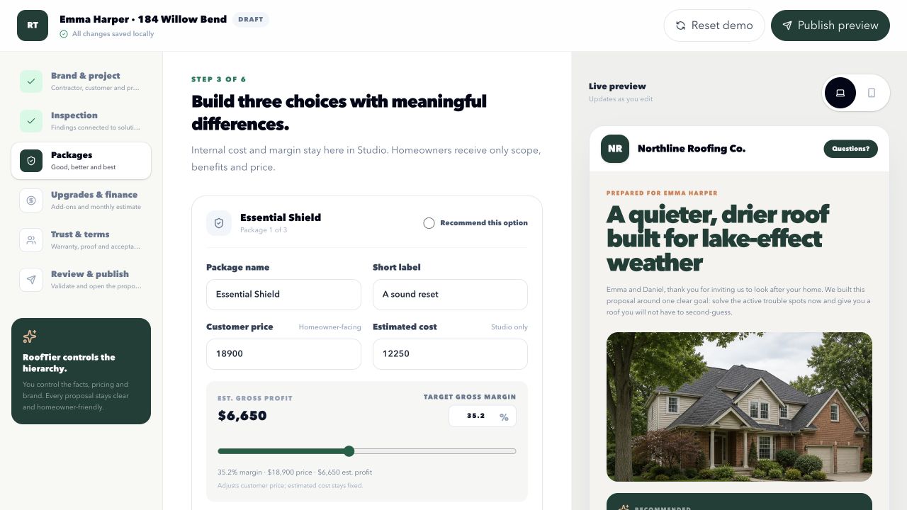 RoofTier Proposal Studio showing a guided editor beside a live homeowner proposal preview